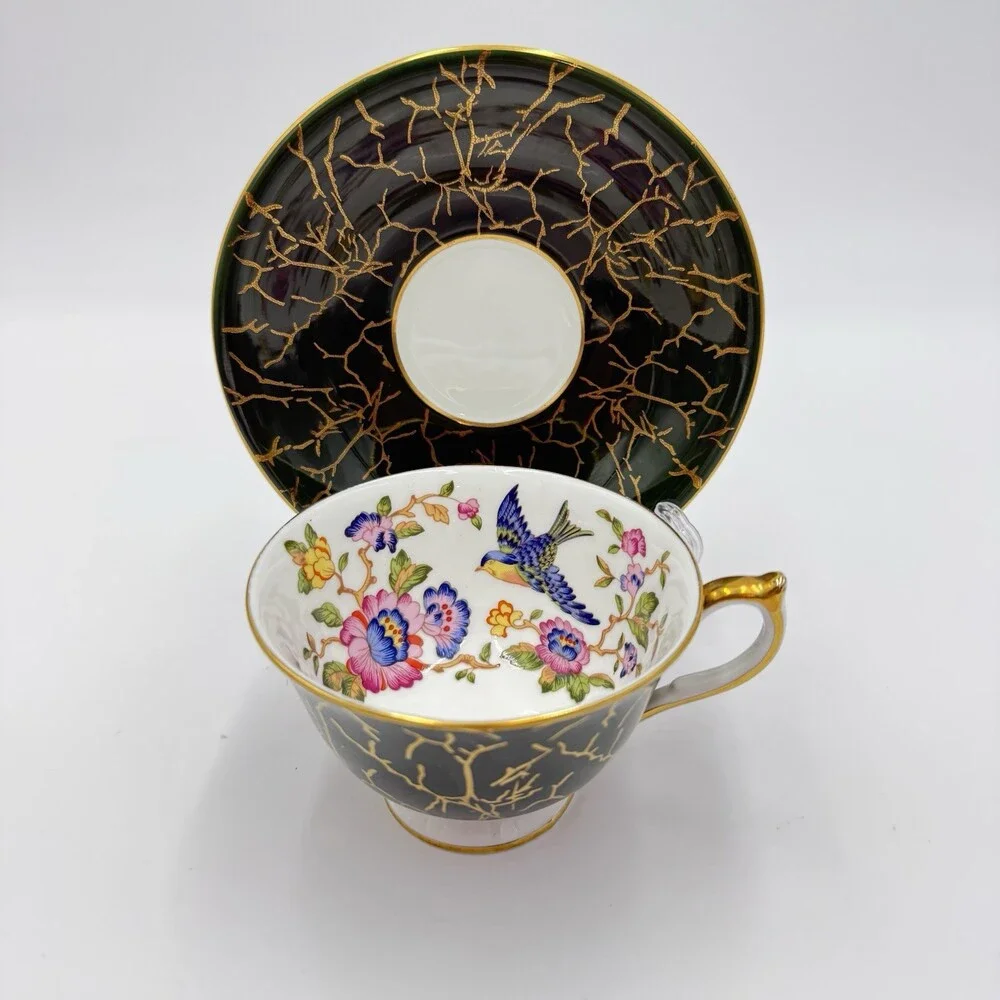 Aynsley Bone China Pembroke Pattern English Dark Green Floral Bird Crackle-like